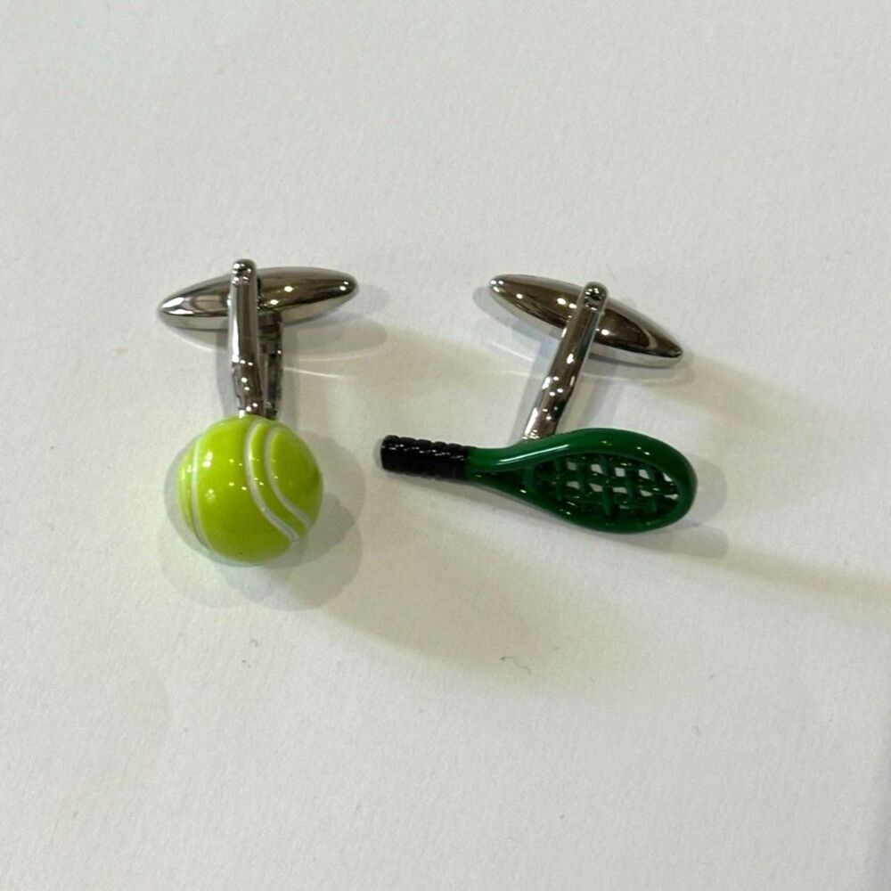Tennis Ball & Racket Cufflinks — Color Enamel — Mismatched Set - Picture 2 of 2